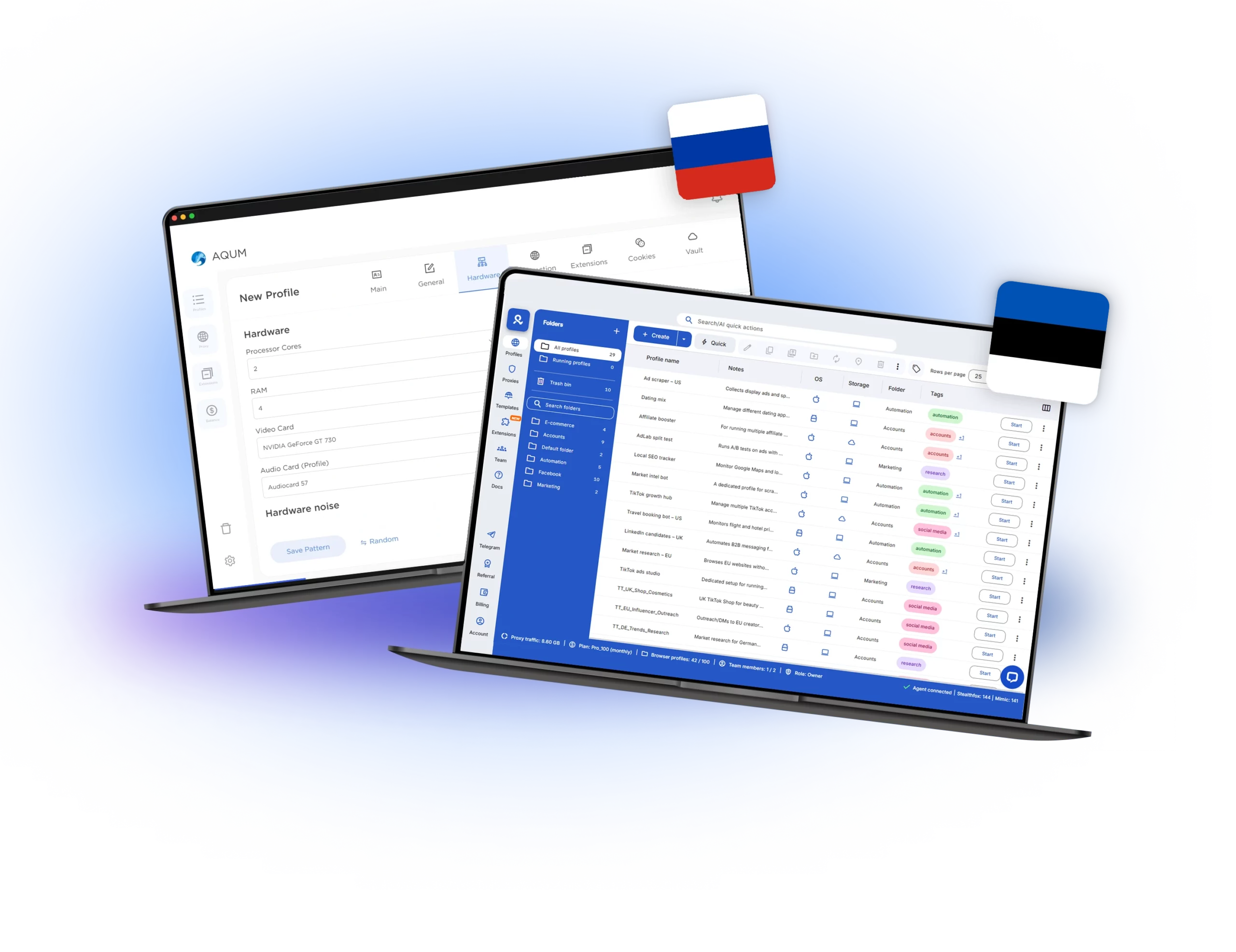 AQUM vs Multilogin: an image showing the dasboard of both platforms.