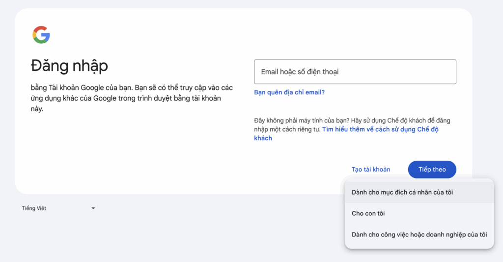 tạo tài khoản google không dùng sdt