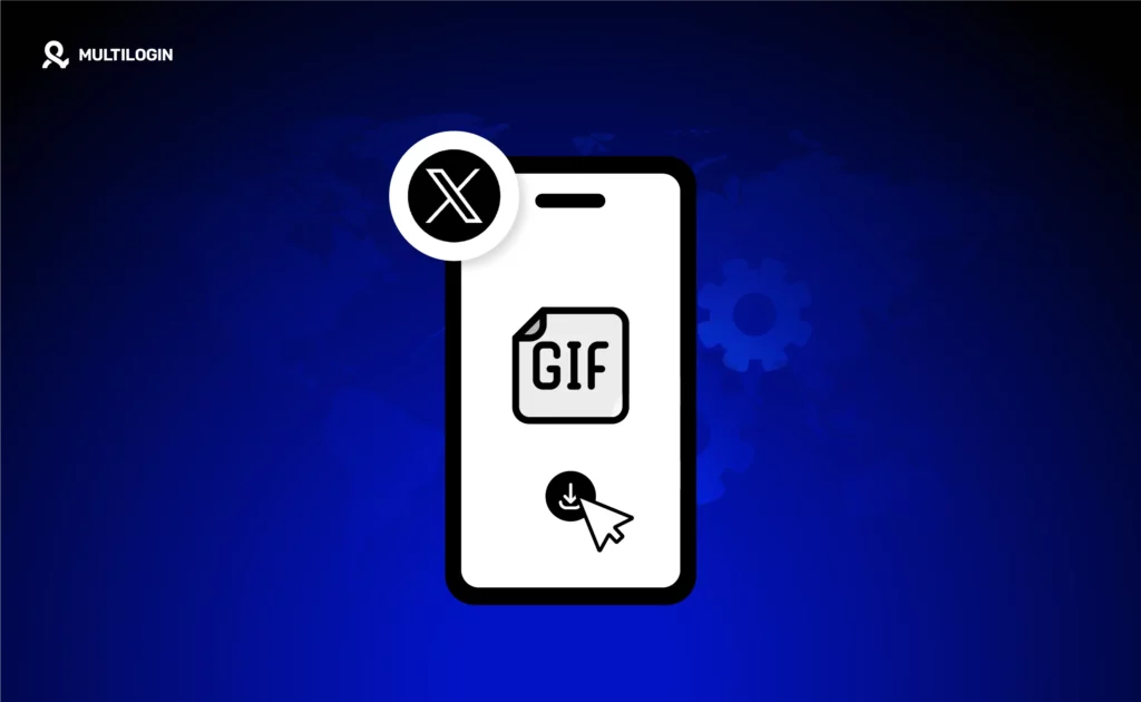 Ilustração de um smartphone mostrando um ícone de GIF ao lado do logotipo do Twitter/X, com uma seta de download apontando para baixo, indicando como salvar GIFs da plataforma.