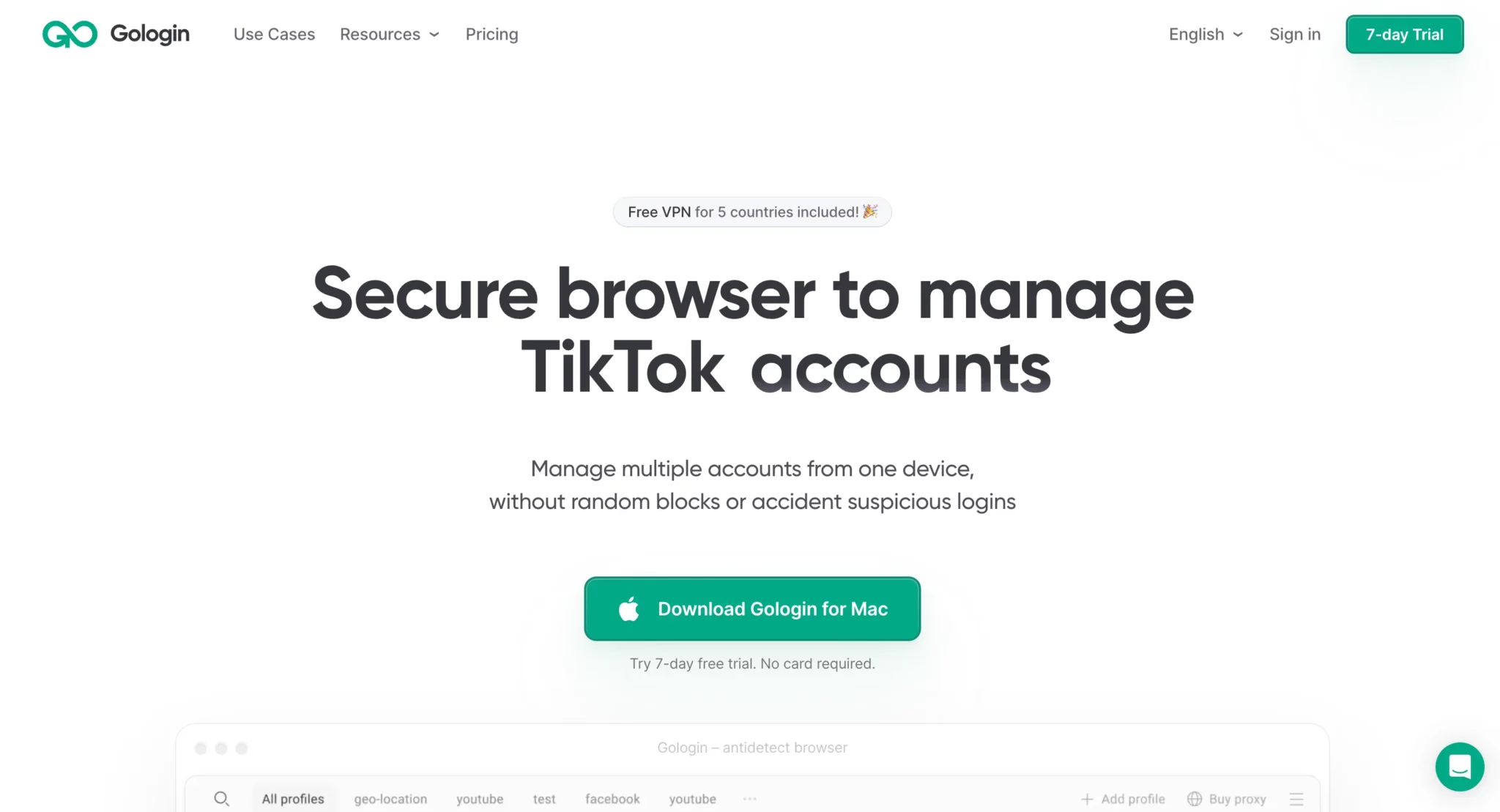 Главная страница GoLogin — антидетект браузер для управления несколькими аккаунтами TikTok с облачными профилями и прокси