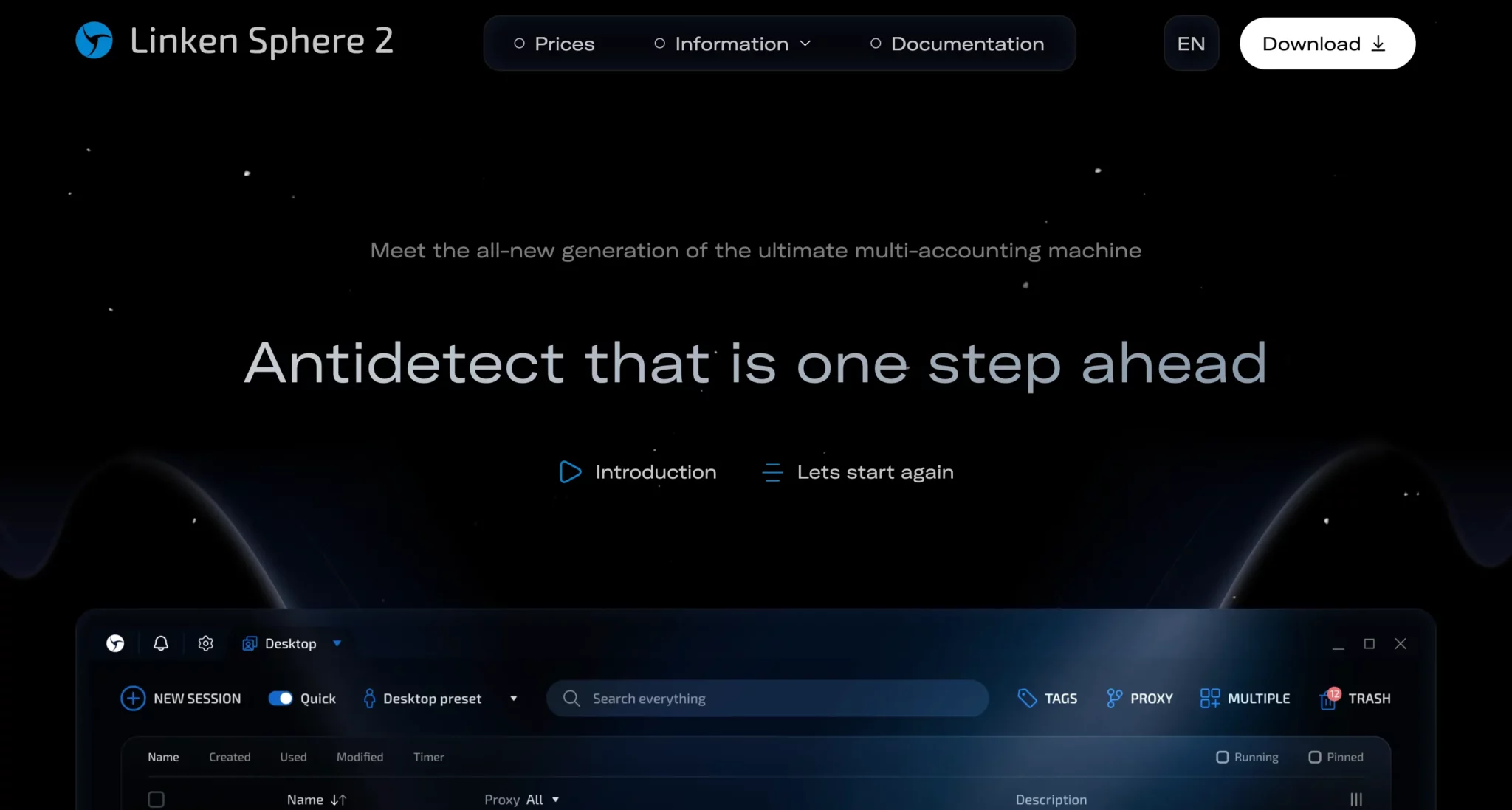 Главная страница Linken Sphere 2 — антидетект браузер с расширенной настройкой фингерпринта и управлением сессиями