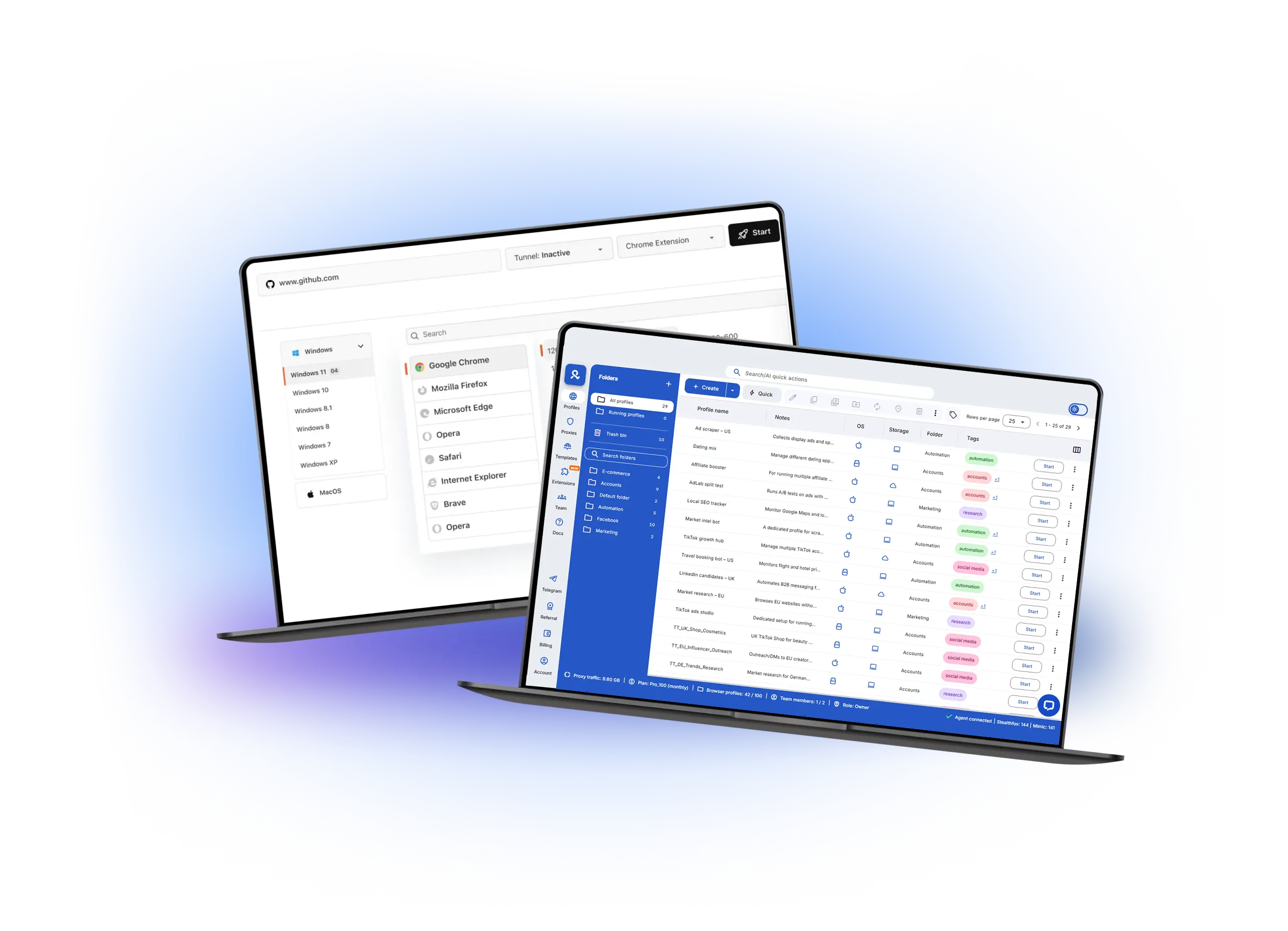 Multilogin dashboard compared with a traditional browser emulator interface, showing differences in profile management and browser selection.