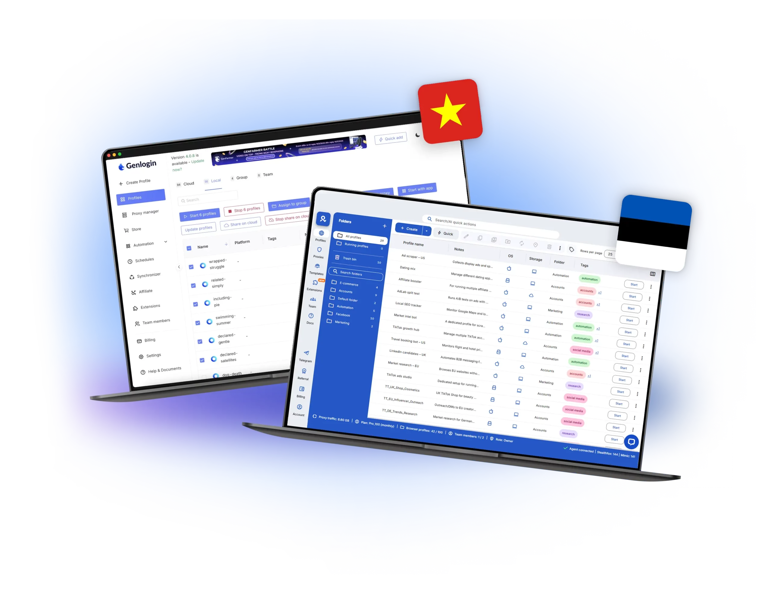 Multilogin vs Genlogin interface comparison showing browser profile management tools on two desktop dashboards.