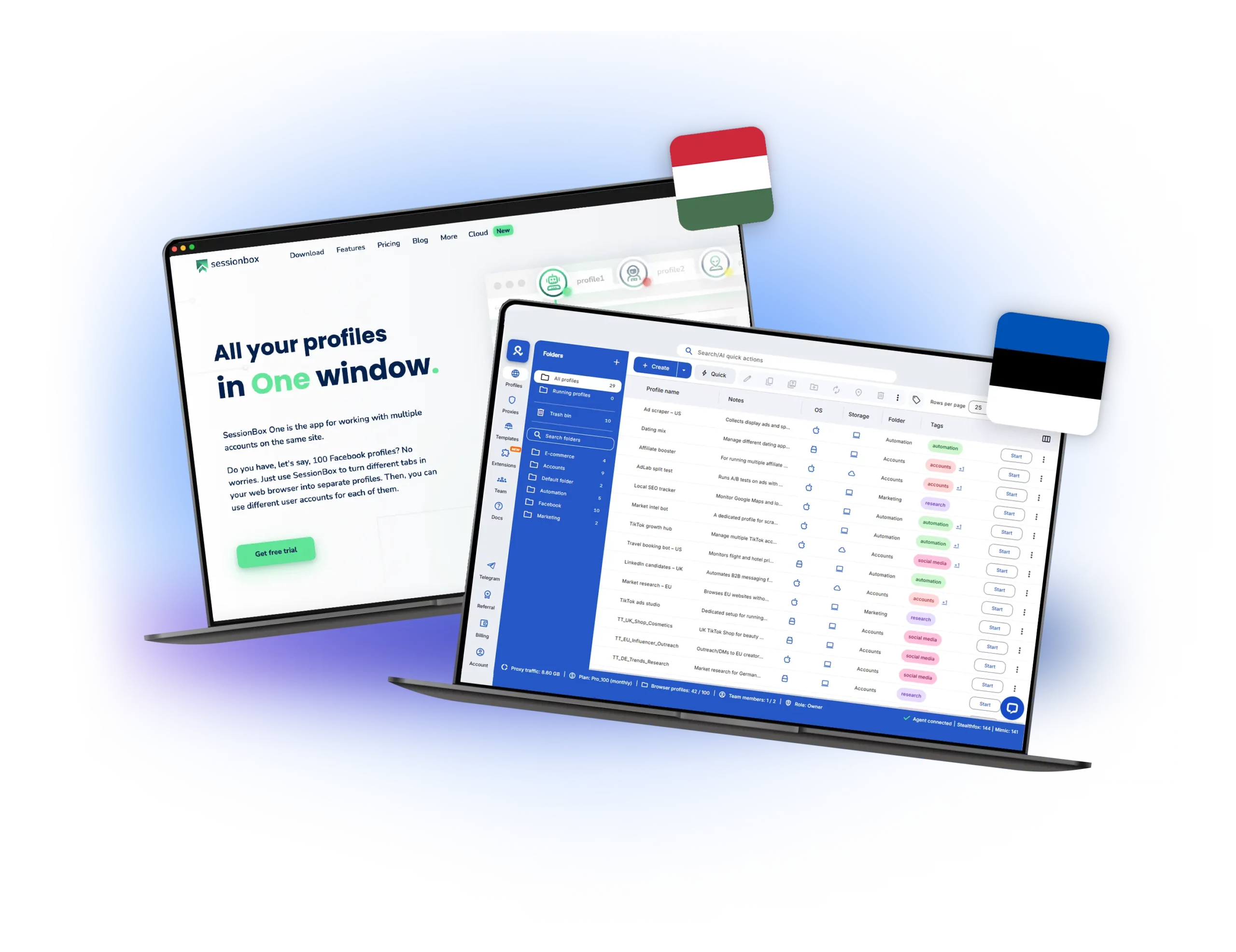 Multilogin vs Sessionbox interface comparison showing browser profile management tools for multi-accounting.
