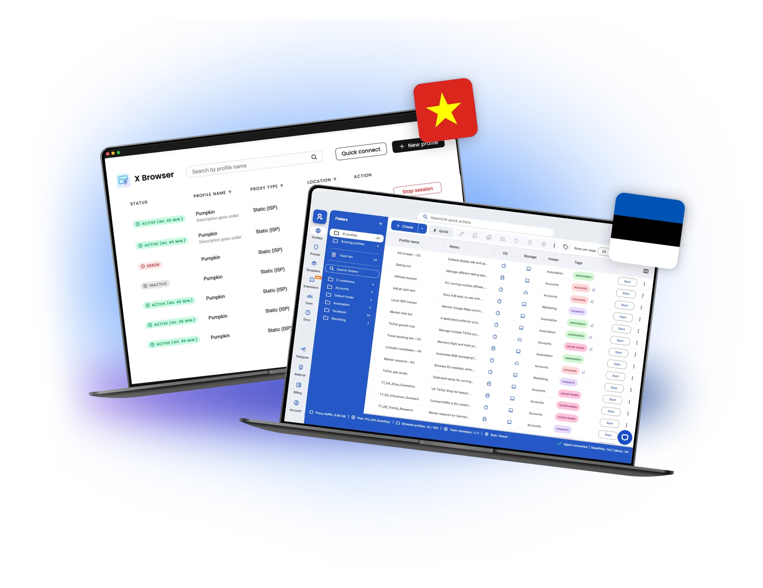 Multilogin vs X Browser interface comparison displaying browser profiles and proxy management features.