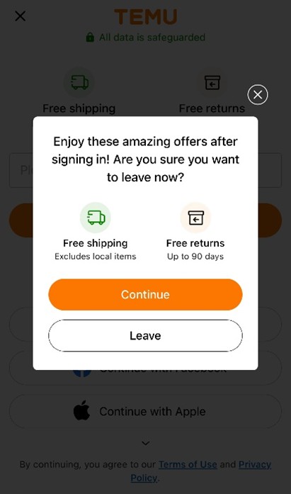 Temu website mobile page