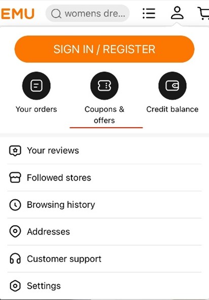 Temu mobile coupons page