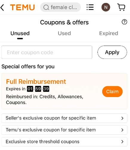 Temu mobile flash deals page