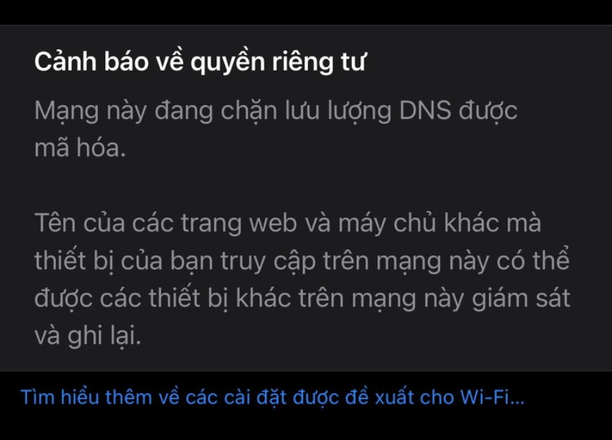 Thô‌ng báo "mạng này đang chặn lưu lượn‌g DNS được mã hoá"