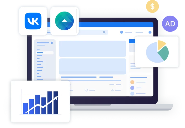 Интерфейс ВКонтакте на ноутбуке с элементами аналитики и рекламного кабинета