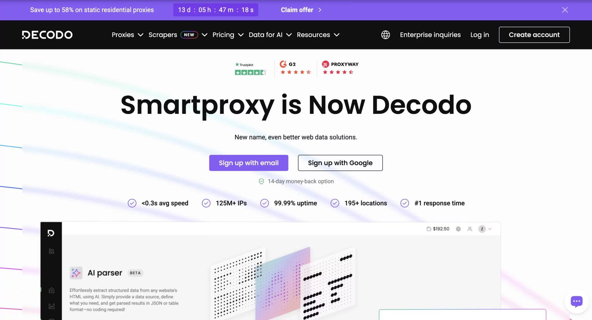 Главная страница Decodo (бывший Smartproxy): сервис резидентских и мобильных прокси с высокой скоростью и широким выбором локаций