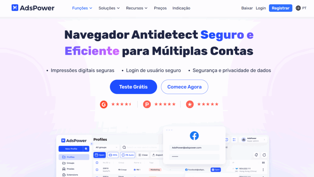 AdsPower: Interface da página inicial do site 