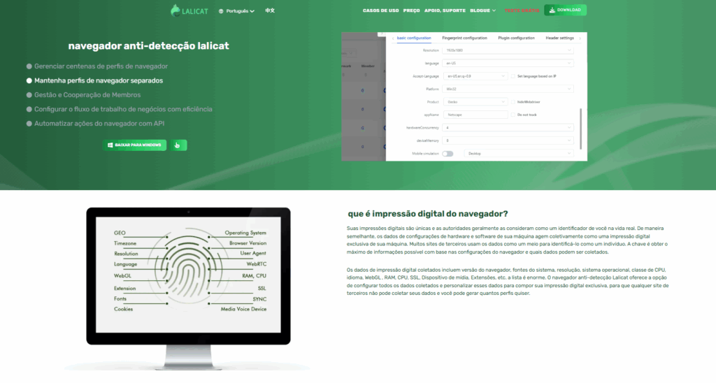 Lalicat: Interface da página inicial do site