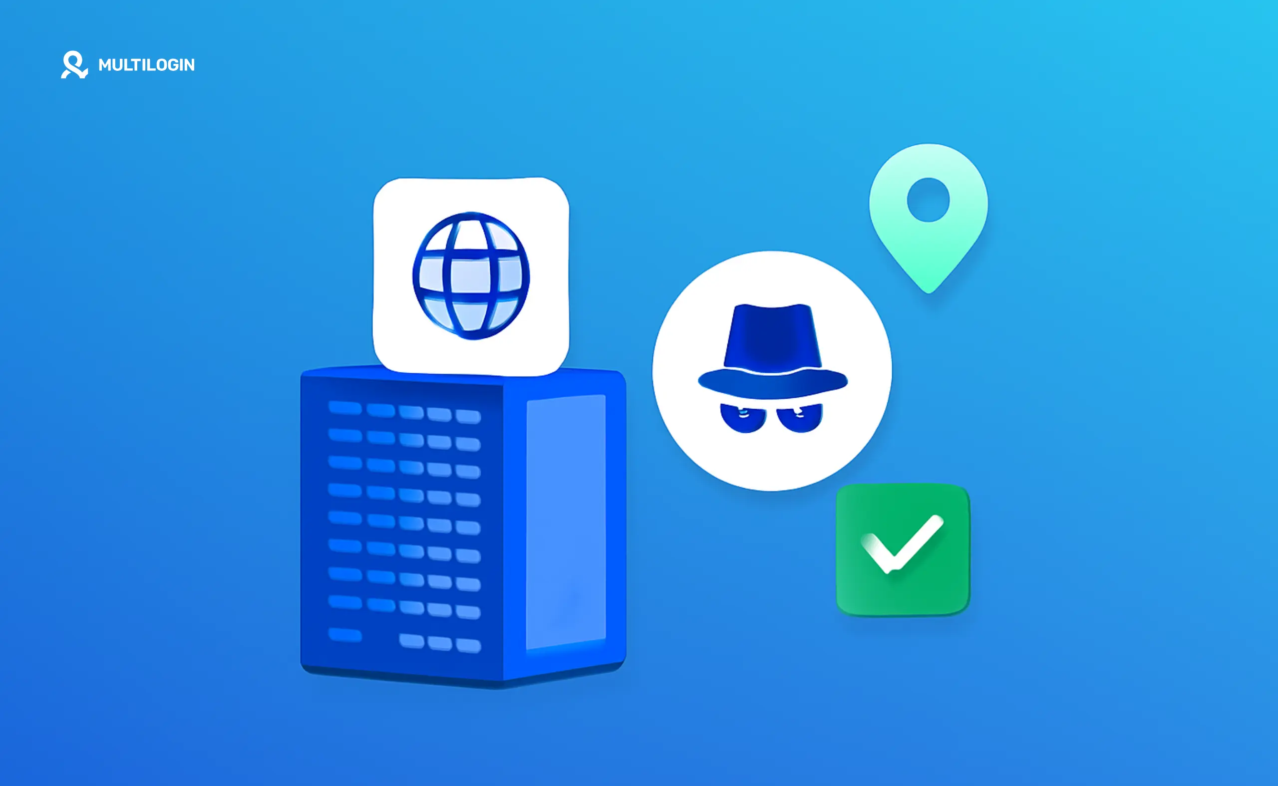 Сервер и иконки интернета, анонимности и геолокации, символизирующие работу прокси и защиту аккаунтов.