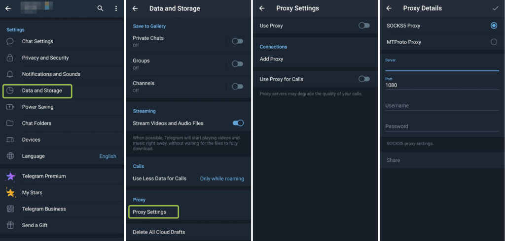 Telegram proxy settings screen on Android