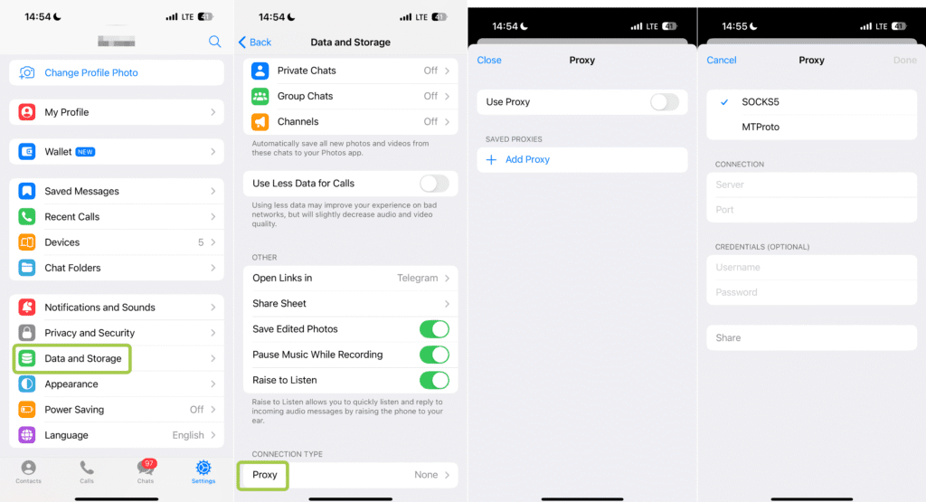 Telegram proxy settings screen on iOS