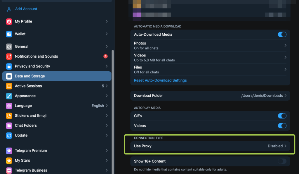 Proxy settings menu in Telegram Desktop