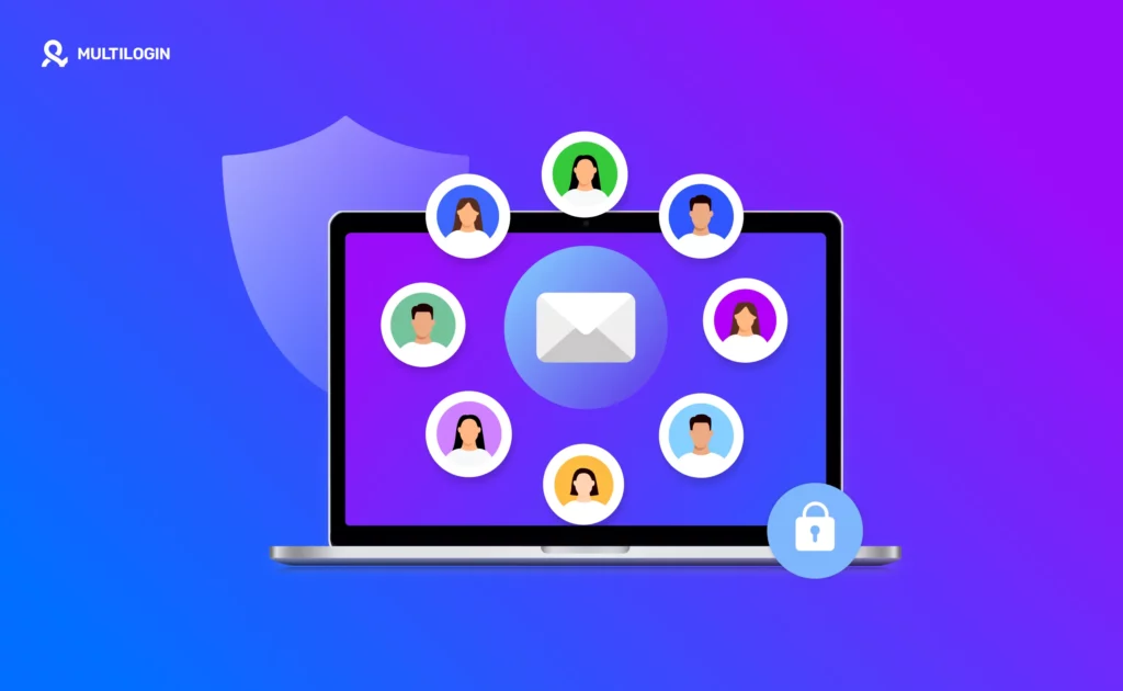 Ilustração do Multilogin mostrando um laptop com ícone de email no centro, vários perfis conectados e símbolos de segurança, representando uso de email temporário e gestão segura de múltiplas contas.
