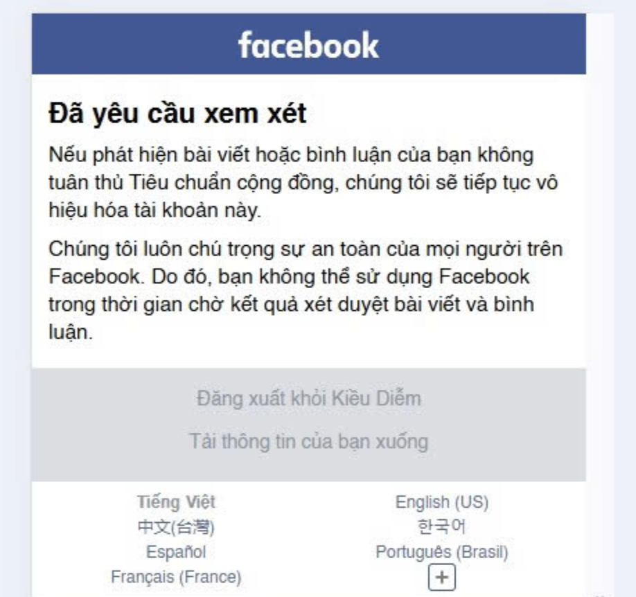 yêu cầu xem xét Facebook