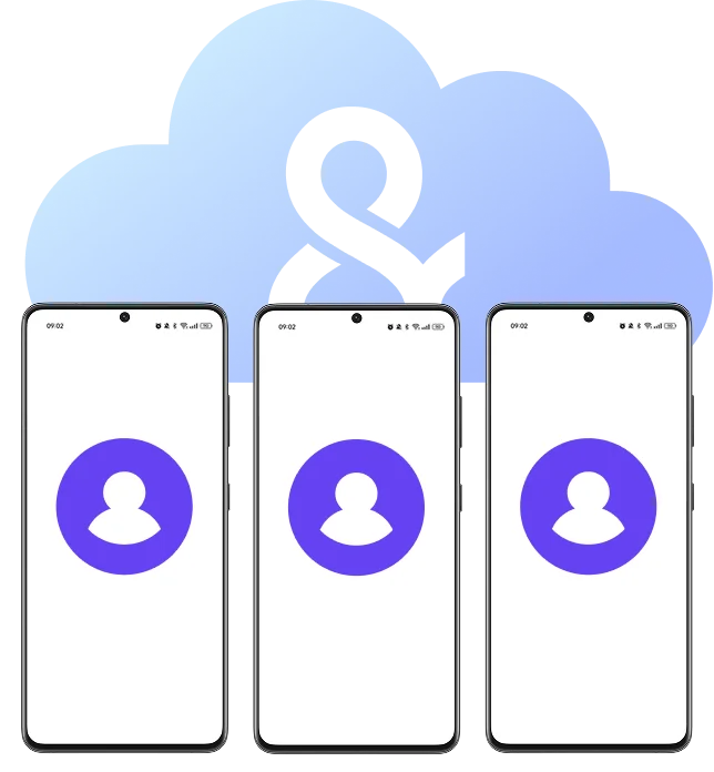 Multiple cell phones in the cloud representing separate Android devices