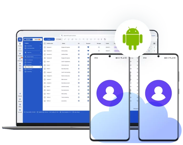 Desktop dashboard managing multiple android cell phones in the cloud