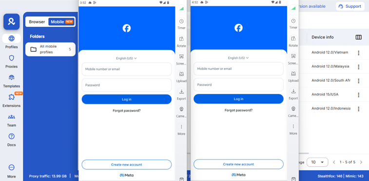 Облачные телефоны Multilogin с разными Android-устройствами для безопасной работы с Facebook