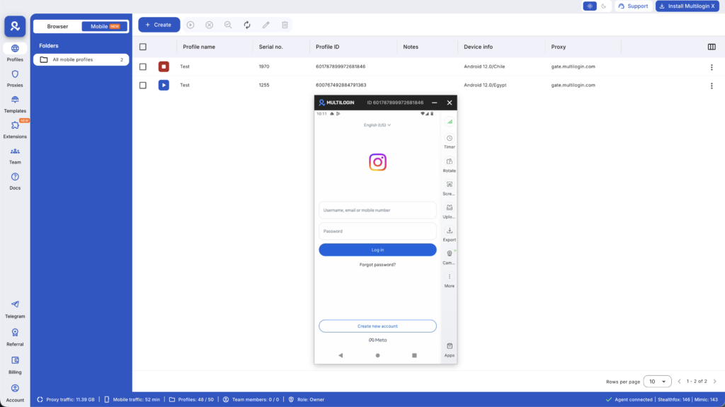 Create the Instagram account in the same cloud phone