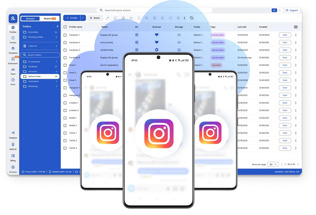 Illustration showing how to protect Instagram accounts from bans using Multilogin’s antidetect browser profiles and cloud phones.