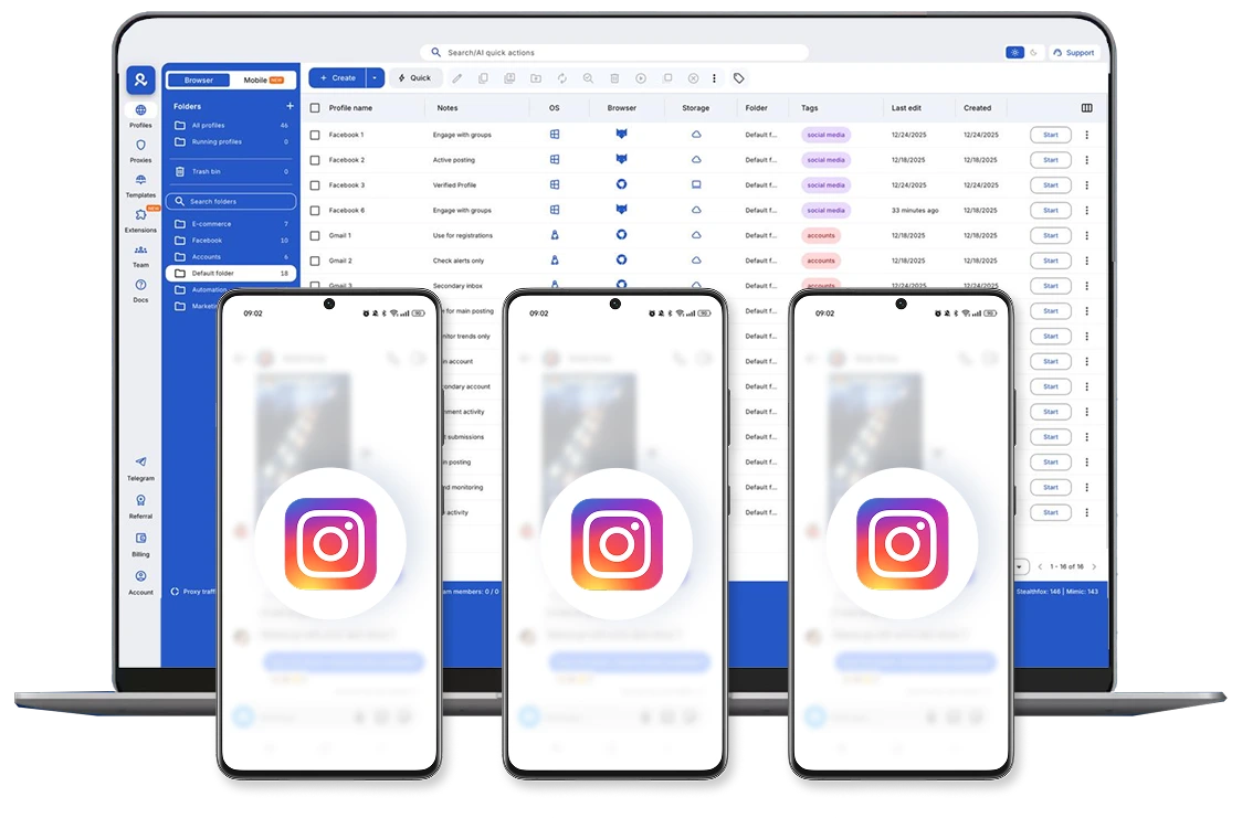 Image showcasing Multilogin's dashboard on desktop controling multiple cloud phones.