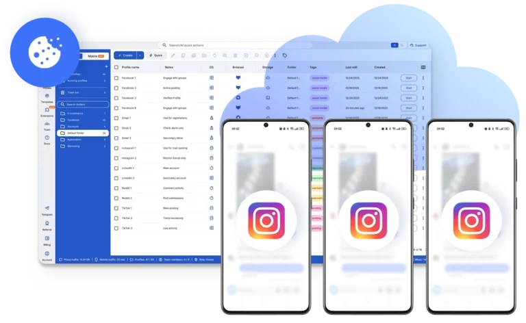 Image illustrating the ease of setting up Instagram profiles on Multilogin, with built-in proxies pre-configured to bypass anti-bot checks for a smooth, reliable experience.