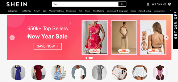 Главная страница интернет-магазина Shein с акцией New Year Sale и подборкой популярных товаров