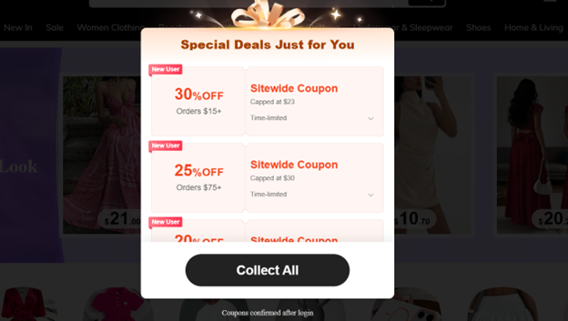 Всплывающее окно Shein с персональными купонами и скидками для новых пользователей