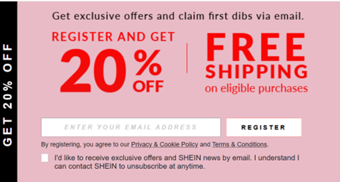 Баннер Shein с предложением регистрации для получения скидки 20% и бесплатной доставки