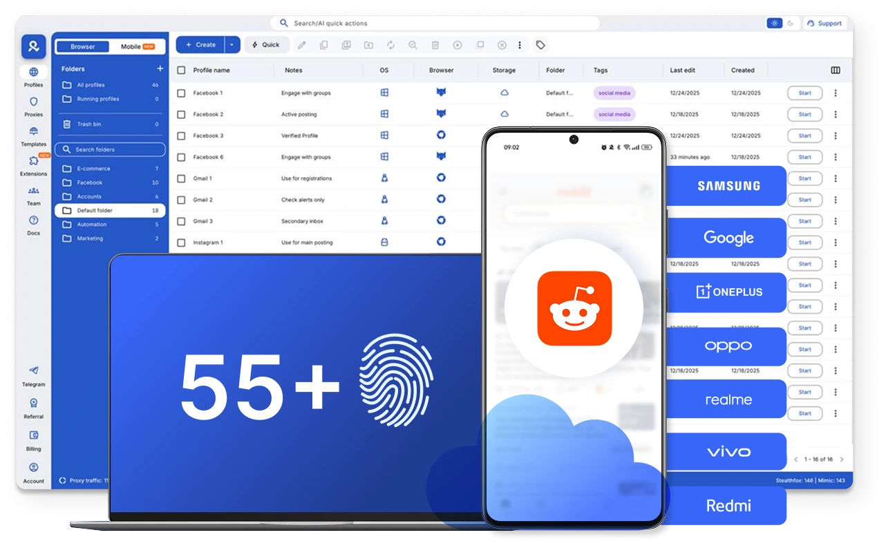 Use Multilogin's unique device parameters for Reddit