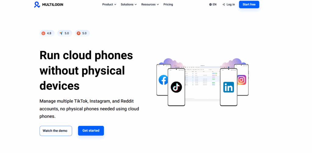 Multilogin cloud phone landing page