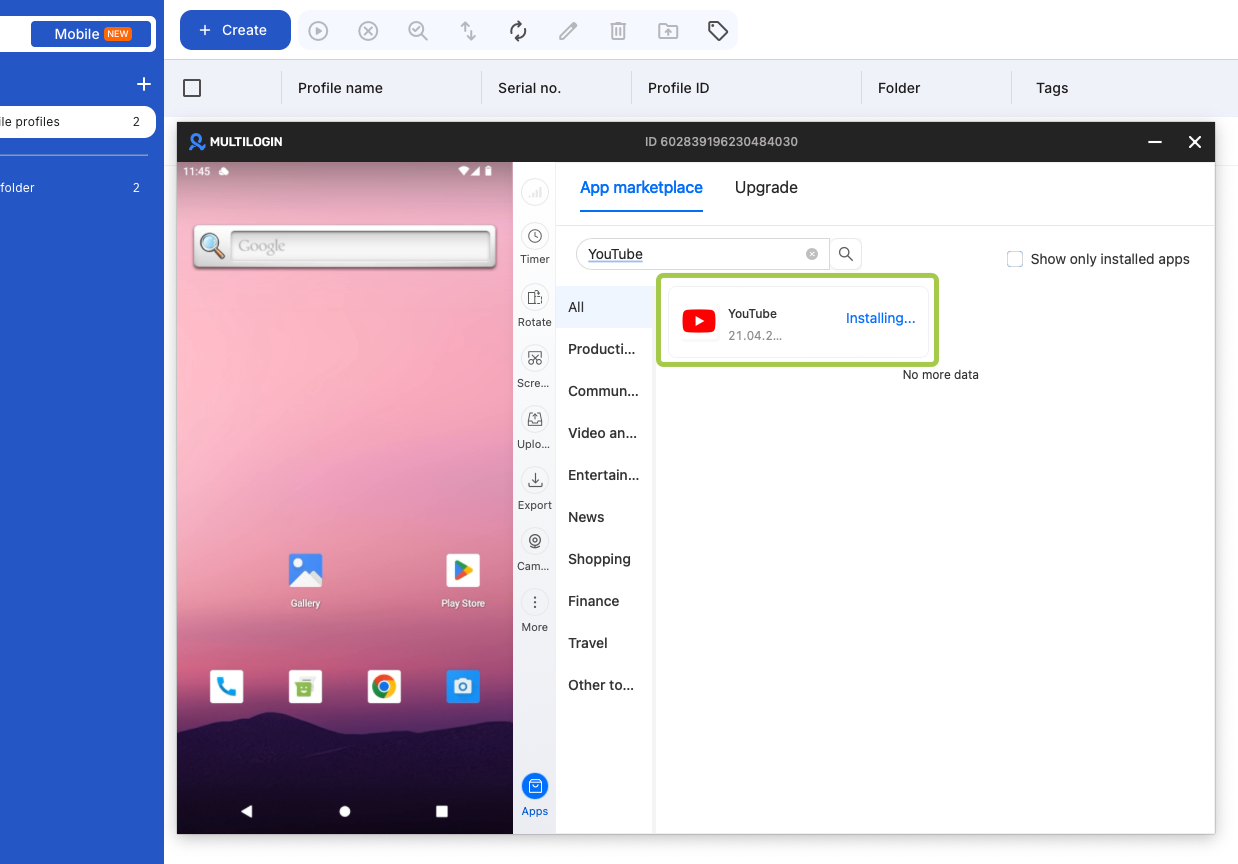 Installing and accessing YouTube through Multilogin Cloud Phone