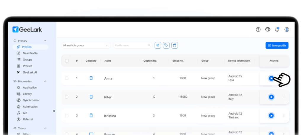 GeeLark cloud Android phone dashboard