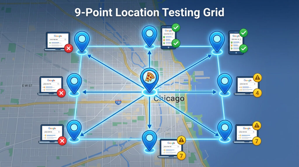 Search for "pizza near me" from each location