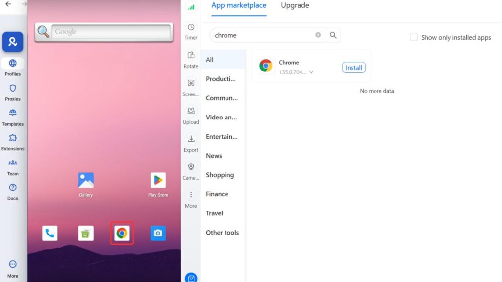 Установка браузера Google Chrome на облачный Android-телефон через App Marketplace в Multilogin