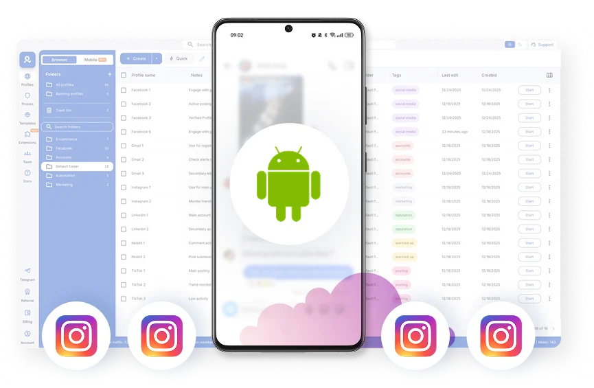 Instagram marketing tool with Multilogin cloud phones and browser profiles for managing multiple Instagram accounts