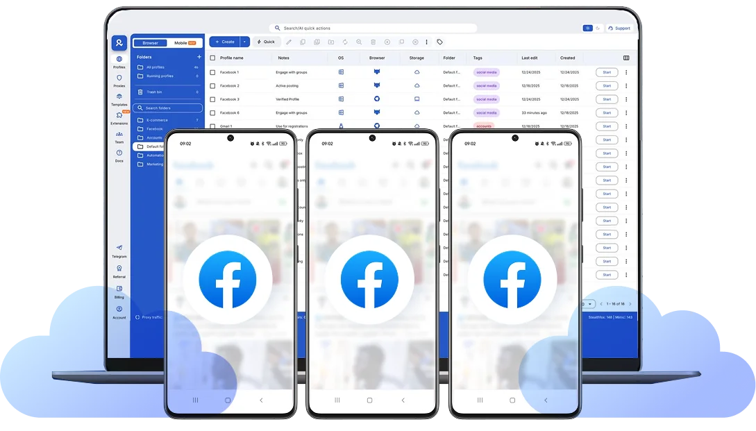 Manage all Facebook accounts from one desktop dashboard using Multilogin's cloud phone.