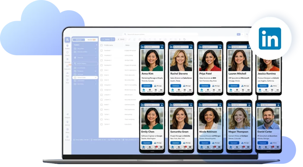 Imagem principal mostrando celulares na nuvem para o LinkedIn, que permitem o gerenciamento de múltiplas contas.