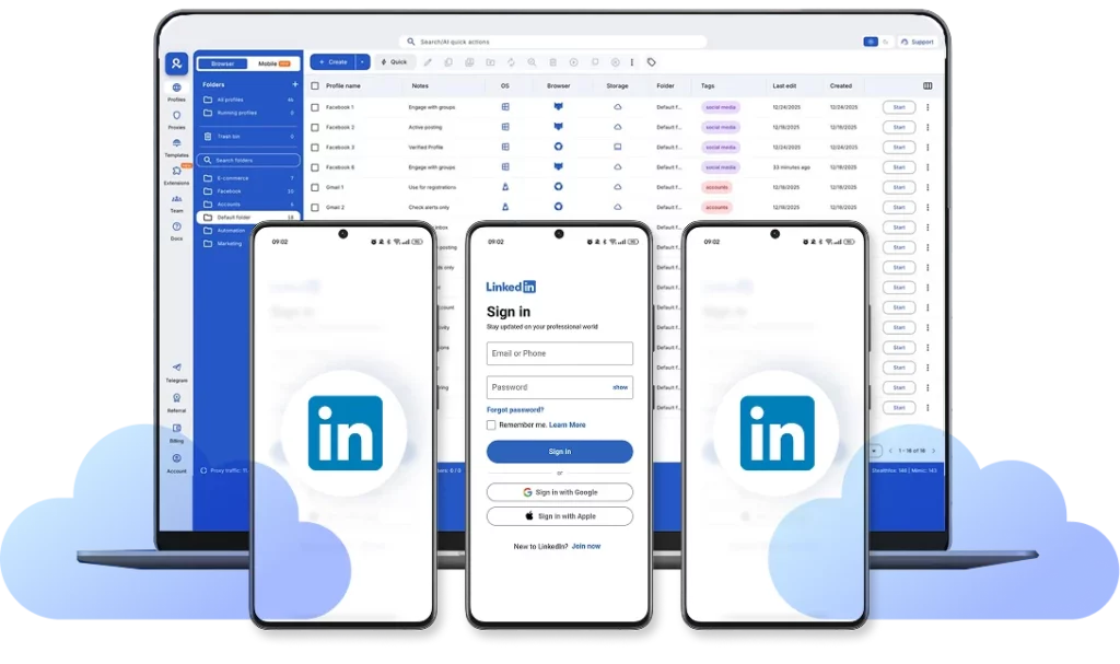Celulares na nuvem exclusivos para LinkedIn com contas isoladas e sessões estáveis.
