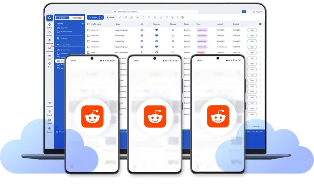 Multilogin Cloud Phones workspace controlling multiple Reddit mobile accounts on separate virtual Android devices from one dashboard.