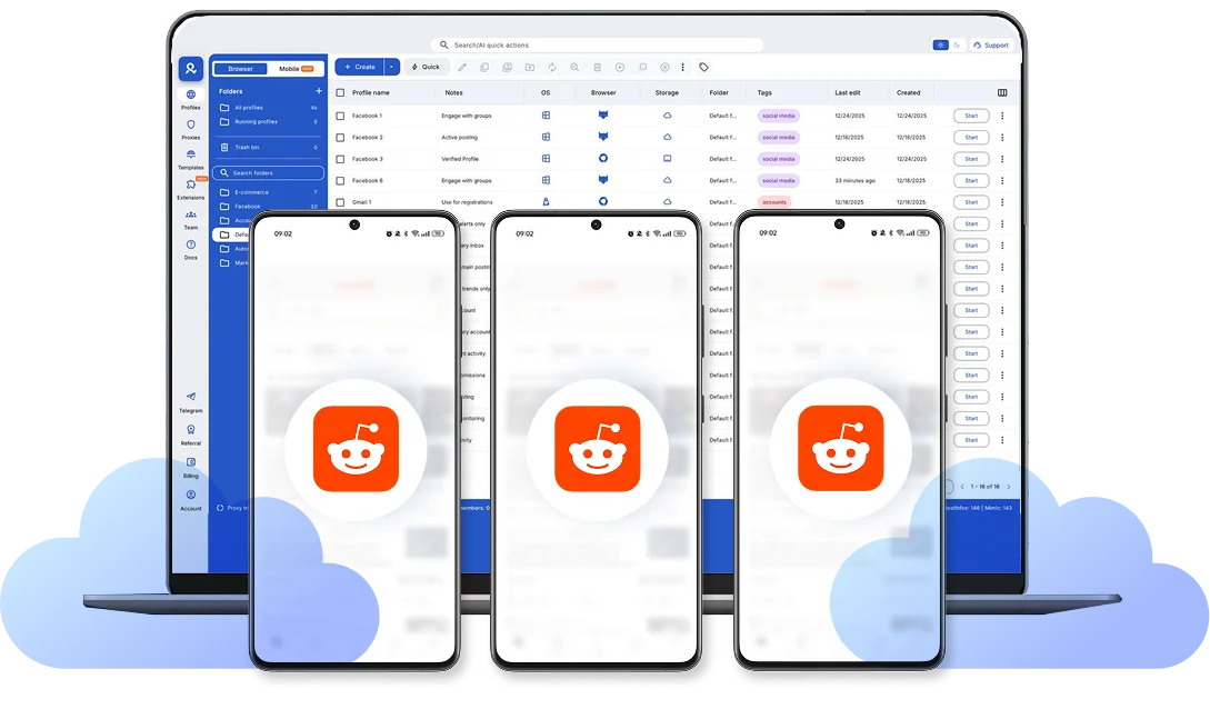 Несколько облачных Android телефонов с приложением Reddit, запущенных параллельно в Multilogin для управления несколькими Reddit аккаунтами одновременно