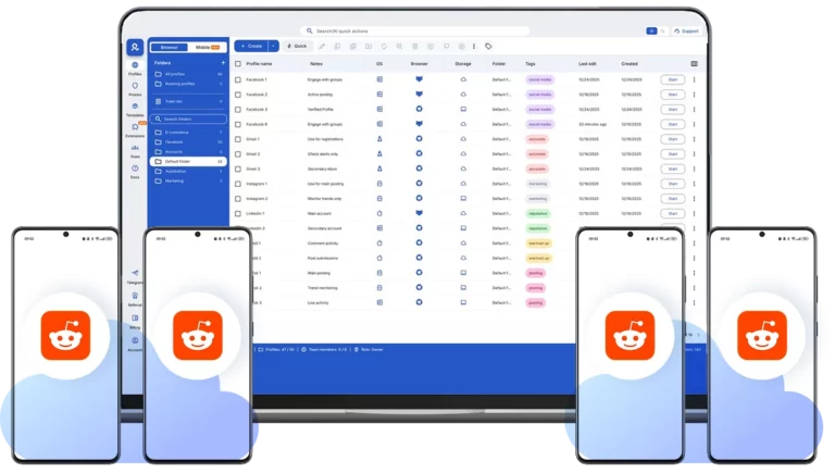 Управление несколькими Reddit аккаунтами через облачные Android телефоны в Multilogin с единой панели на компьютере