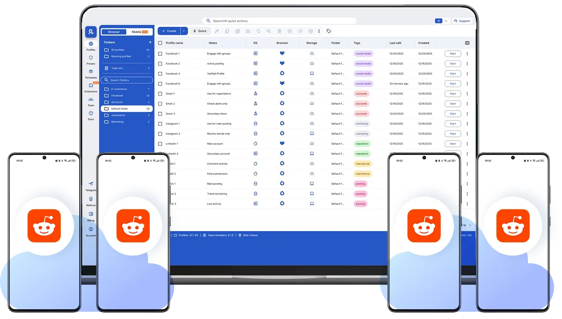 Publique, comente e gerencie o Reddit pelo desktop com o celular na nuvem Multilogin.