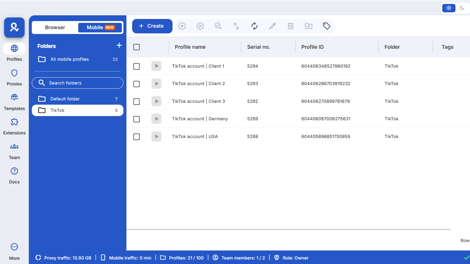 Много мобильных ТикТок аккаунтов в Multilogin