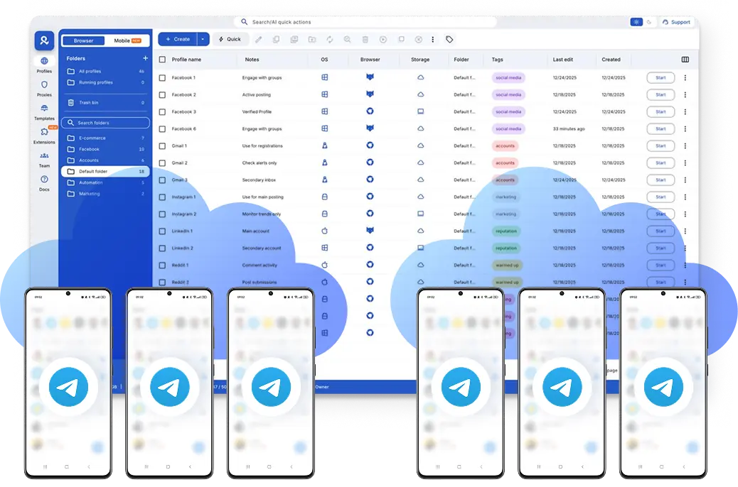 Run multiple Telegram profiles with Android cloud phones
