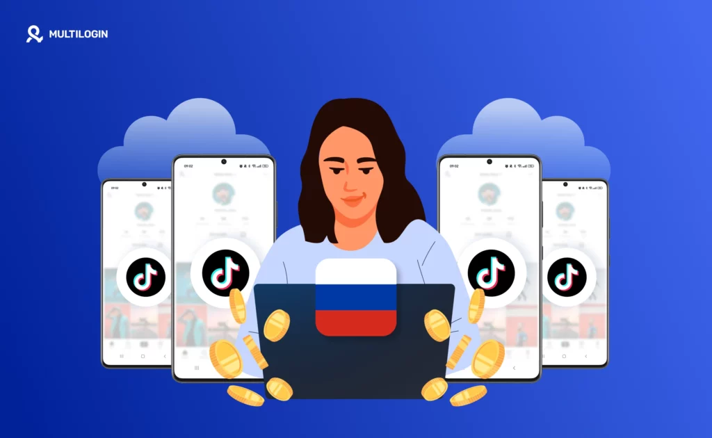 Монетизация TikTok в России — девушка работает за ноутбуком, вокруг смартфоны с TikTok и монеты, символизирующие заработок на платформе